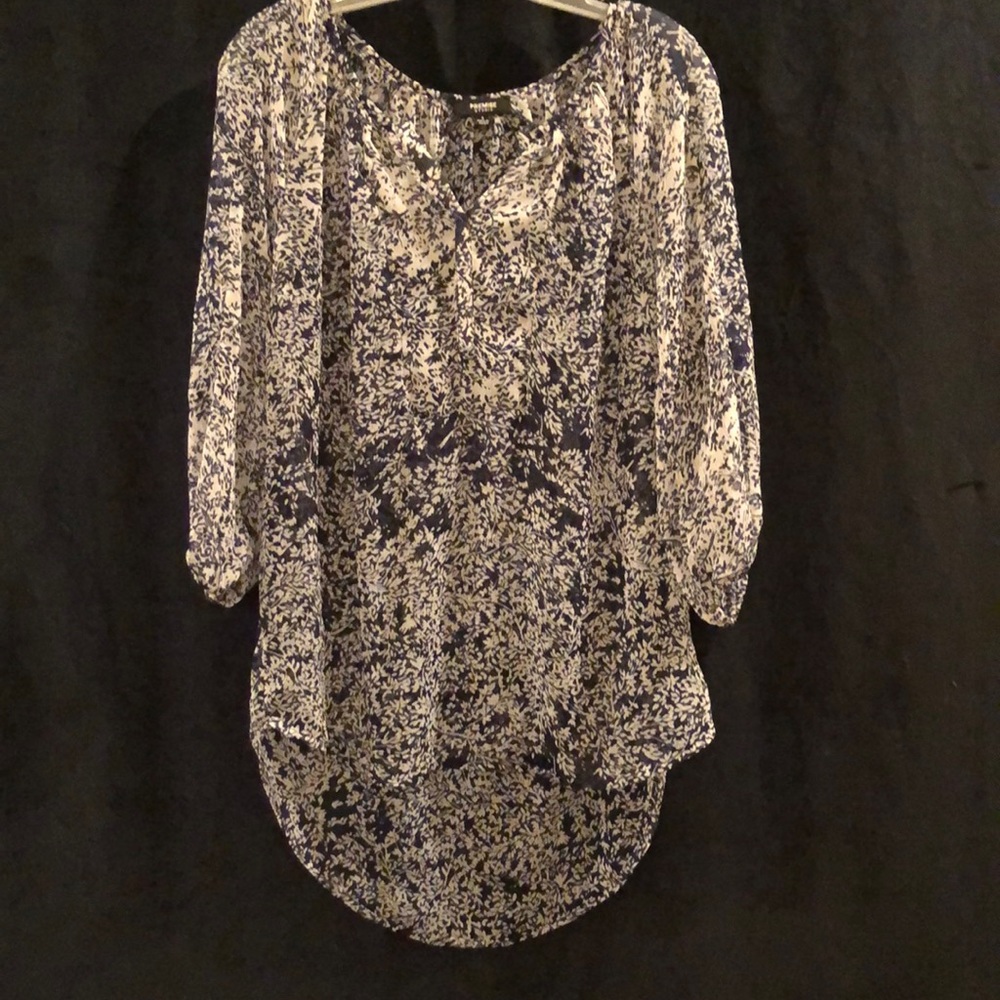 Premise Studio dark navy and white sheer blouse